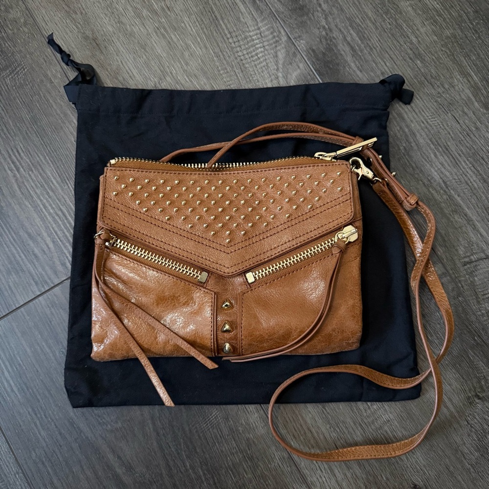 Botkier Brown Leather Crossbody Purse Boho Hippie Moto Zippers Studs NWOT
